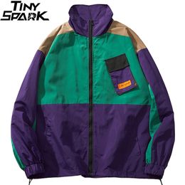 Erkekler hip hop sokak ceket ceket retro renk blok patchwork harajuku ceket rüzgar kırıcı büyük boy ceket cebi sonbahar 210820