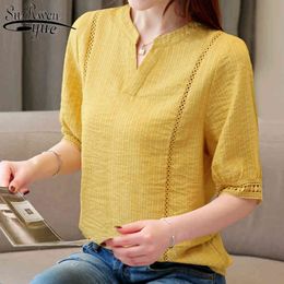 Yellow White Shirt Summer V-collar Short Sleeve Chiffon Blouse Women Tops and Strip 4138 50 210521