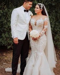 2021 Arabic Aso Ebi Mermaid Wedding Dresses Jewel Neck Illusion Lace Appliques Crystal Beads Long Sleeves Plus Size Bridal Gowns Robe De Mariee Tulle Sweep Train