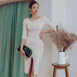 spring korean thin lady dress open fork temperament office eiegant party for women dresses 210602