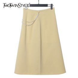 White Elegant Patchwork Pearl Skirt For Women High Waist Split Casual Korean Midi Skirts Female Summer Fashion 210521