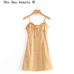 Chu Sau beauty Fashion Blogger Chic Vintage Floral Print Sling Dress Women Casual Backless Bow Tie Mini Dresses Female 210508