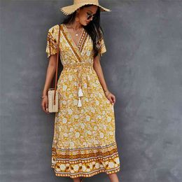 Beach Casual Printed V-Neck Short Sleeve Dress High Waist Summer Women Sundress Fashion Midi dress Vestidos Bohemian 210508