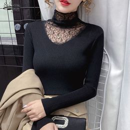 Lace Chiffon Stand Collar Bottoming Knitwear Mesh Stitching Long-Sleeve Women's Slim-Fit Tops Women Top Sweater Pull Femme 11588 210521