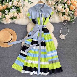 Summer Pleated Dress For Women Elegant Fashion Single Breasted Patchwork Colourful A-line Dresses Streetwear Vestidos 210428