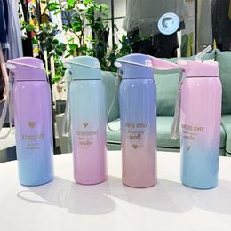 Bpa-Free 500ml Insulated Vacuum Flasks Sports Bike Thermals Straw Cup Portable Rope Thermos Water Bottle Coffee Mug Travel 210615