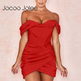 Jocoo Jolee Women Elegant Off Shoulder Ruched Mini Dress Sexy Backless Satin Bodycon Wrap Dress Club Party Evening Short Dress 210619