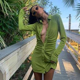 Above Knee Mini Cotton Green Women Shirt Dresses Turn-Down Collar Club Party Long Sleeve Button Mini Dress Holiday Streetwear 210709