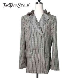 Casual Patchwork Ruffle Blazer For Women Notched Long Sleeve Double Breasted Print Blazers Female Fashion 210524