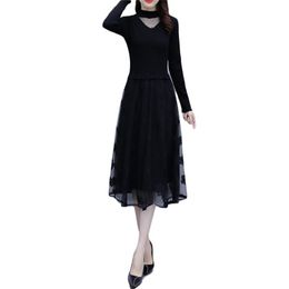 Winter Dress Women Autumn Korean Fashion Lace Stitching Long Sleeve Black Knitted Sweater Vestidos Feminina LR975 210531