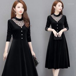 Autumn Winter Vintage Gold Velvet Midi Dress Korea Casual Black Women Elegant Bodycon Party Long A Line Y433 Dresses