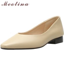 Natural Genuine Leather Women Shoes Low Heels Pointed Toe Thick Heel Pumps Shallow Slip On Ladies Footwear Beige Size 40 210517