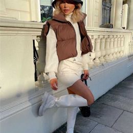Women Fashion Brown Cropped Vest Coat Female Stand Collar Zipper Waistcoat Ladies Casual Outerwear 220125