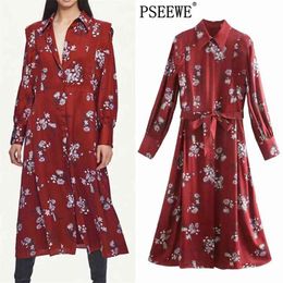 Red Floral Print Shirt Midi Dress Women Winter Vintage Belt A-Line Long Sleeve Elegant Party Dresses For Year 210519