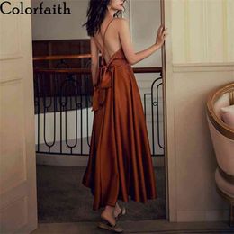 Colorfaith New 2021 Women Spring Summer Sundress Strap Beach Holiday Strapless Backless Sexy Satin Solid Vintage Dress DR 210322