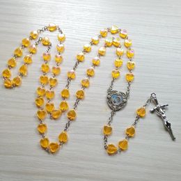Catholic Acrylic Heart Rosary Necklace Long Cross Pendant Strand Religious Jewellery For Women