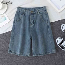 Fitaylor Summer Women High Waist Blue Wide Leg Denim Shorts Casual Female Solid Streetwear Stright Jeans Bermuda 210724