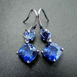 tanzanite jewelry earrings UK - 100% 925 Sterling Silver Earring With Tanzanite Drop Earrings Women Jewelry Dangle Earrings with CZ Stone Earrings for Women 210524