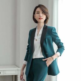 High-quality Professional Women's Office Suit Pants 2-piece Temperament Pure Colour Ladies Jacket Slim Trousers Elegant 210527
