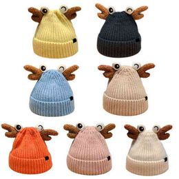 573B Korean Version Big Eyes Deer Horns Knitted Hat Beanie Hat Winter for Men Women Y21111