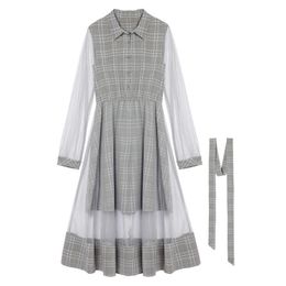 PERHAPS U Grey Khaki Plaid Mesh Turn Down Collar Long Sleeve Midi Dress Sash Button Mid Calf Elegant Preppy Style D0373 210529