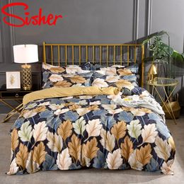 Modern Leaf Printed Bedding Sets Nordic Flat Bed Linen Sheet Plaid Stripe Duvet Cover Set Single Double Queen King Bedclothes 210319
