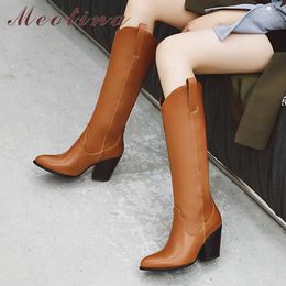 Meotina Winter Western Boots Women PU Leather Thick High Heel Knee High Boots Slip on Pointed Toe Shoes Lady Autumn Big Size 43 210608