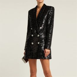 High Quality Fashion Designer Blazer Women Double Lion Buttons Shawl Collar Glitter Sequined Long Runway Black Blazers 210930