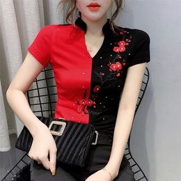 New Summer Fashion Folk Clothes Sexy Patchwork Embroidery Diamonds T-shirt Women Tops Ethnic Ropa Mujer Shirt Tees 210317