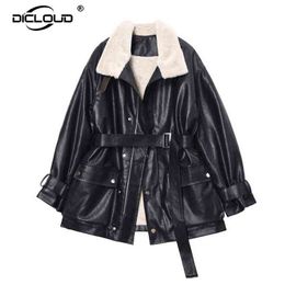 Women Luxury Winter Thick Warm Jacket Coat Chic Black Faux Leather Overcoat Faux Rabbit Fur Lining Jackets Belted Pocket Coats 211130