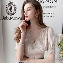 Dabuwawa Elegant Lace Deep V-Neck Blouse Women Casual Solid Puff Sleeve Chiffon Blouses Shirts Tops Office Lady DT1BCF006 210520