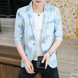 Fashion Korean Men's Men Blazers Summer 3/4 Sleeve Casual Suits Jacket Printed Street Wear Social Business Coat Blazer Masculino 210527