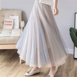 Skirt Summer for Women 3 Layers Princess Tulle s Womens Mesh Pleated A-line s Lady Long 210619