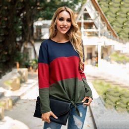 Round Neck Stitching Bow Lace Up Sweater Women Long Sleeve Slim Fit Autumn Winter Style Knitted Pullovers Tops Female 210507