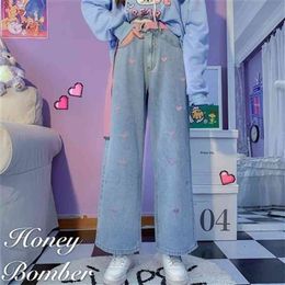 Favour Vintage Woman Jeans Winter Fashion Embroidery Wide Leg Pants Loose Casual Sweatshirt High Waist Baggy Women 210922