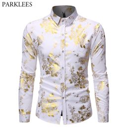 Gold Rose Bronzing Luxury White Shirt Men Autumn Slim Fit Long Sleeve Button Down Nightclub Party Shirt Male Chemise 210522