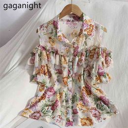 Fashion Women Tops And Blouses Summer Korean Floral Ruffled Chiffon Shirt Off Shoulder Sexy Blusa Feminina 210601
