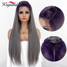 Women Ombre Grey Purple Roots Lace Front Wig Long Straight Synthetic Wigs For Womens Cosplay Wigs Heat Resistant Fiberfactory direct