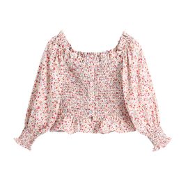 Slash neck floral print elegant blouse women Flounced edge slim fashion shirts lady Buttons casual tops female 210430