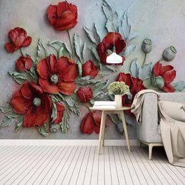 Fotoğraf Kağıdı 3D Stereo Kabartma Kırmızı Mısır Haşhaş Çiçekler Fresco Oturma Odası Düğün Evi Yatak Odası Romantik Ev Dekor Duvar Kağıtları