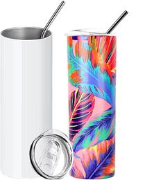 US Stock Sublimação Tumblers 20 Oz Aço Inoxidável Dupla parede isolada Sublimação Tumbler Cups Em branco DIY presentes de aniversário com palhas plásticas de tampa