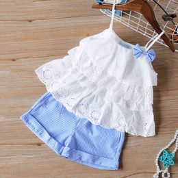 Girl's Clothes Set Summer Children Bow Lace Sling T-shirt + Striped Shorts Kids Sleeveless Sets For 3-7Y 210515