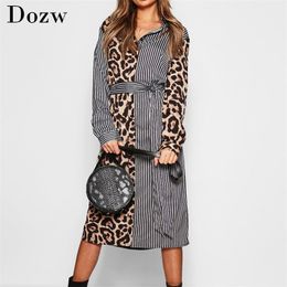 Striped Shirt Dress Women Long Sleeve Patchwork Leopard Print Beach Turn Down Collar Ladies Office Vestidos 210515