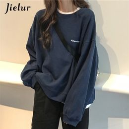 Jielur Kpop Letter Hoody Fashion Korean Thin Chic Women's Sweatshirts Cool Navy Blue Gray Hoodies for Women M-XXL 210816