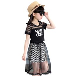 Girls Clothes Lace Sleeve Outfits Letter Shirt + Skirt 2PCS Girl Summer Costumes For Children 6 8 10 12 14 210527