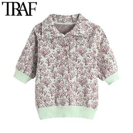 Women Fashion With Buttons Jacquard Knitted Sweater Vintage Lapel Collar Short Sleeve Female Pullovers Chic Tops 210507