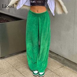 Liooil Casual Loose Wide Leg Pants Women Green Slacks New 2021 Autumn Streetwear High Waist Trousers Bottoms Sexy Long Pants Q0801