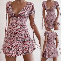 Summer Floral Printed Mini Dress Ladies Sexy V-neck Buttons Wrinkled Drawstring Short Sleeve A-line Slim Dresses Women Vestidos 210522