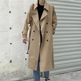 Spring Minimalist Ladies Long-sleeved Double-breasted Khaki Windbreaker Korean Style Loose Overcoats Trench Coat 210510