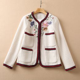 2021 Fall Autumn Long Sleeve Ivory Contrast Color Woolen Tweed Floral Embroidery Pockets Wool & Blends Coat Elegant Outwear Coats 21O110929